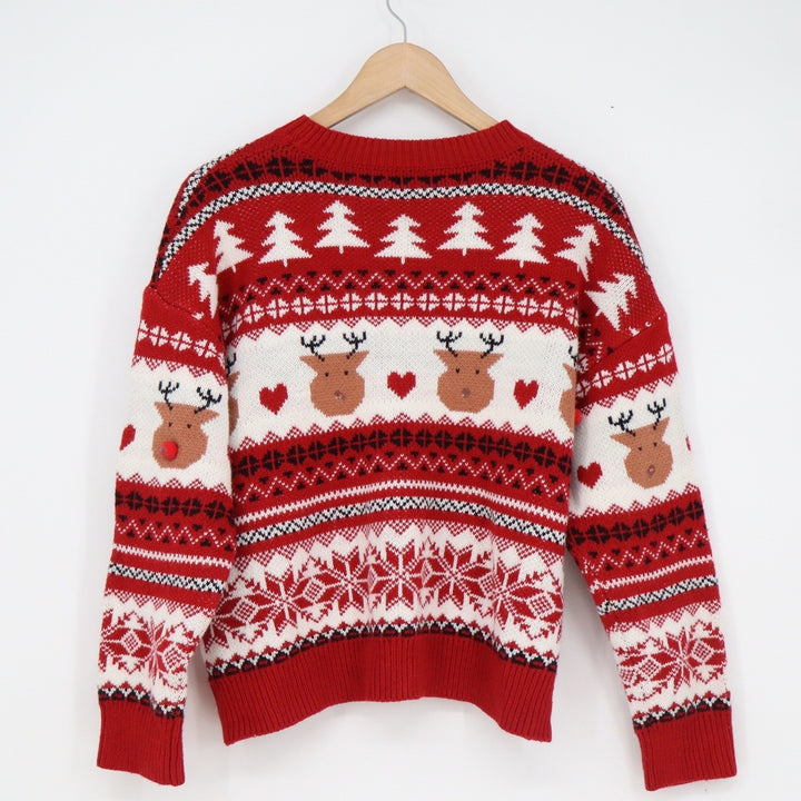 Red Fair Isle Reindeer Christmas Sweater Womens Size S Pom Pom Holiday Knit