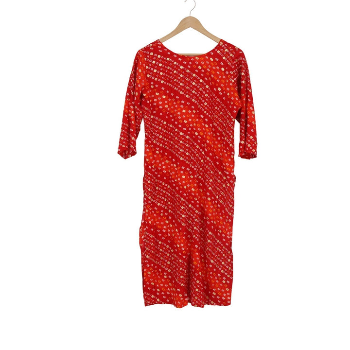 MR Red Bandhani Print Kurta Tunic Gold Foil Accents 3/4 Sleeve Size M