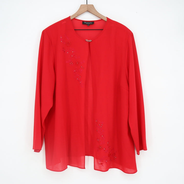 Montee Collection Red Floral Embroidered Open Front Blouse Plus Size 22W