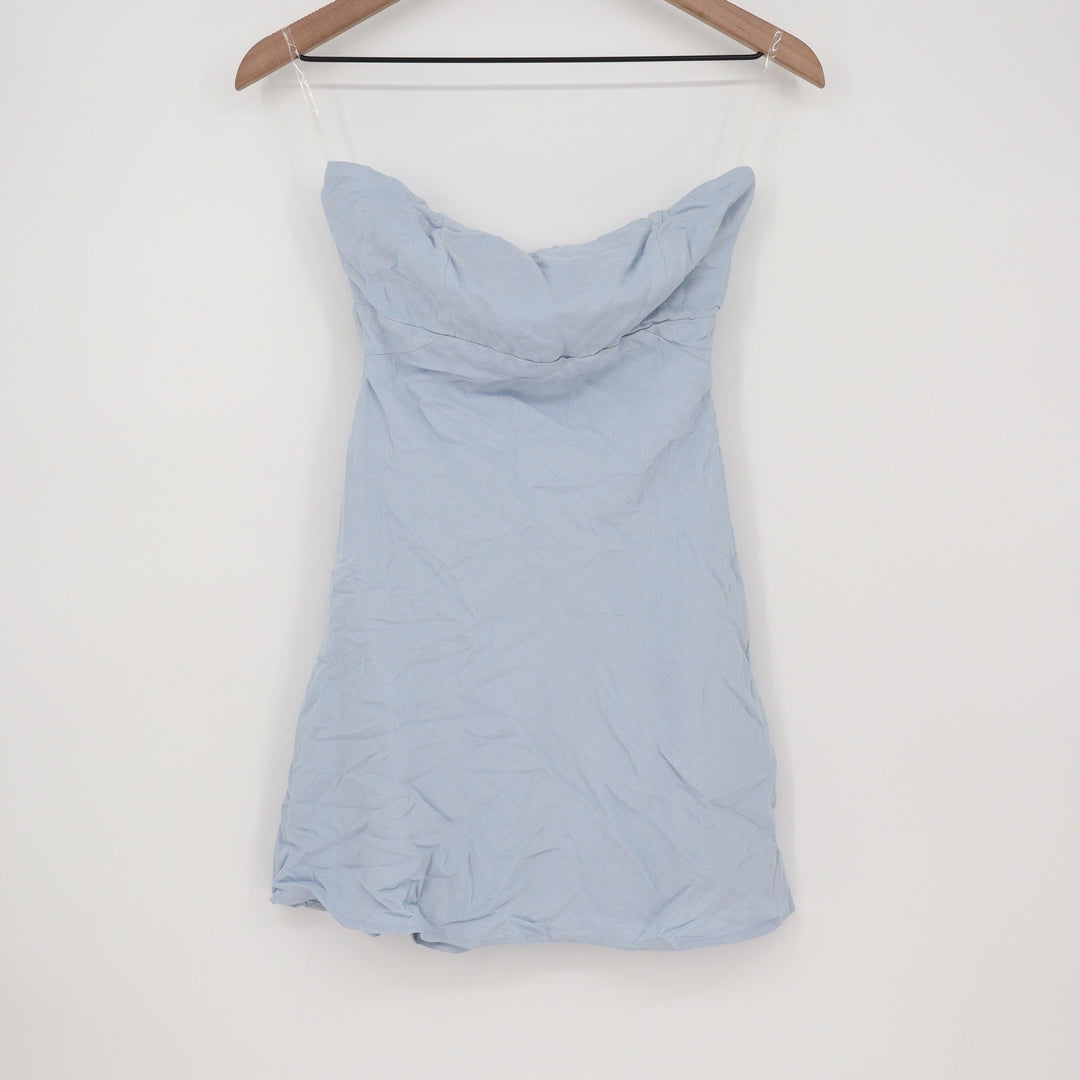 Thanne Light Blue Linen Blend Strapless Smocked Back Mini Dress Womens Size 8