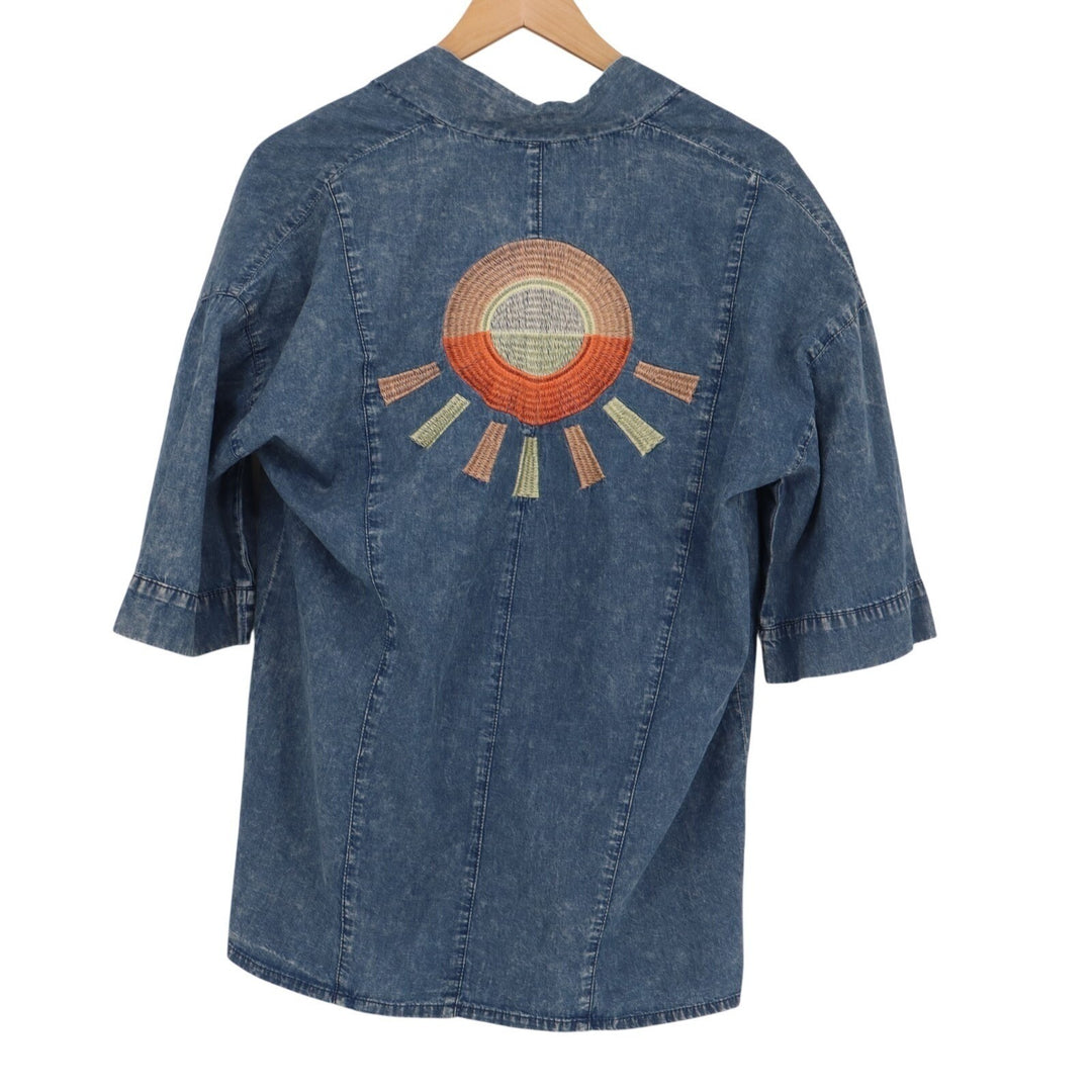 Womens Denim Kimono Jacket XL Blue Cotton Sun Embroidered Acid Wash Open Front