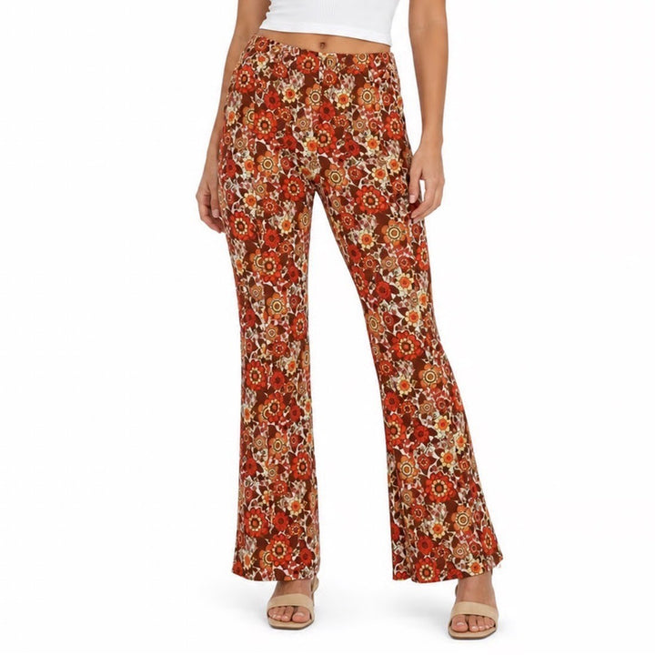 SHEIN Womens Retro Floral Flare Pants Orange Brown 70s Style Size M