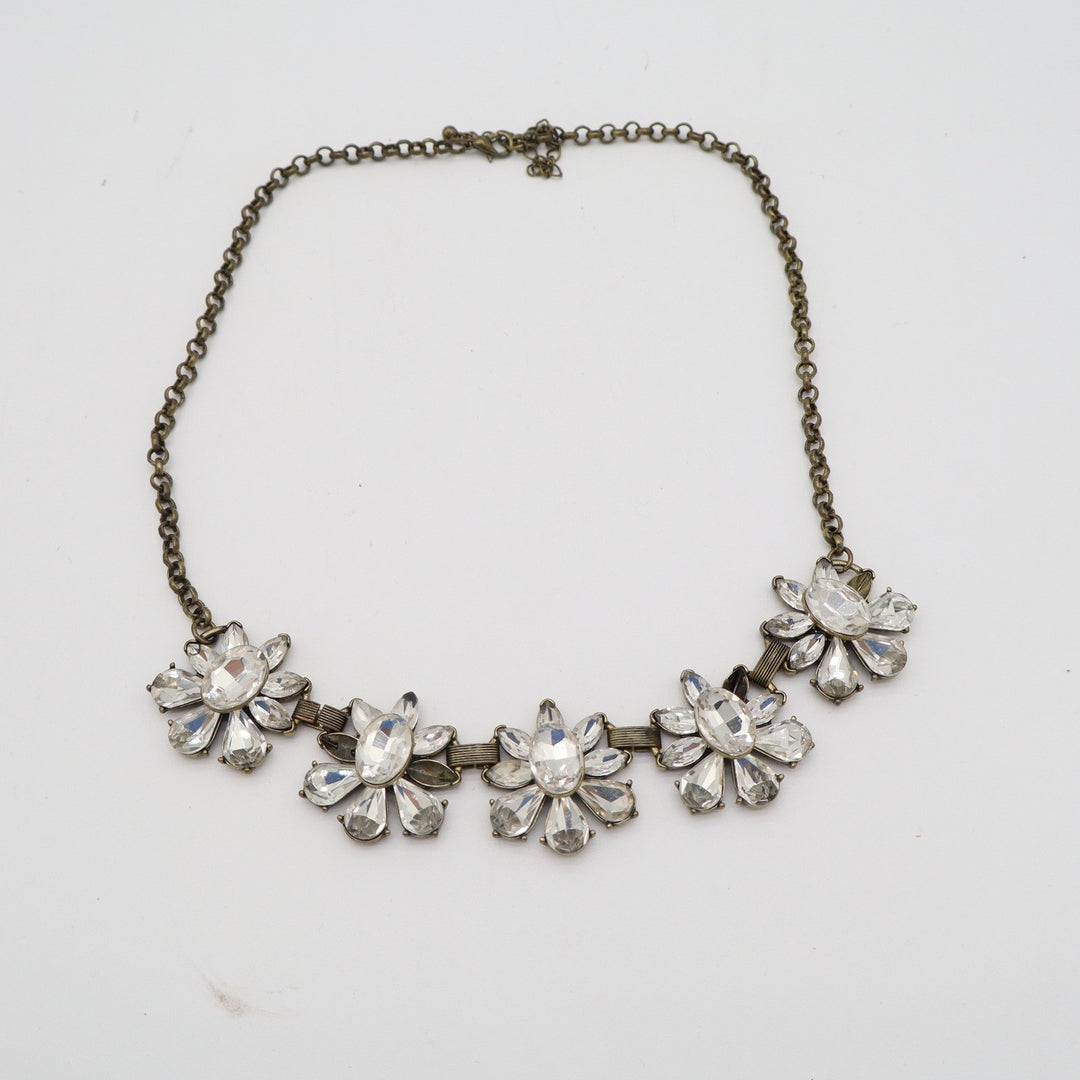 Antique Brass Clear Crystal Floral Statement Bib Necklace Vintage Style Sparkly