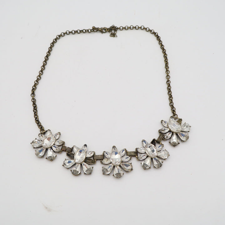 Antique Brass Clear Crystal Floral Statement Bib Necklace Vintage Style Sparkly