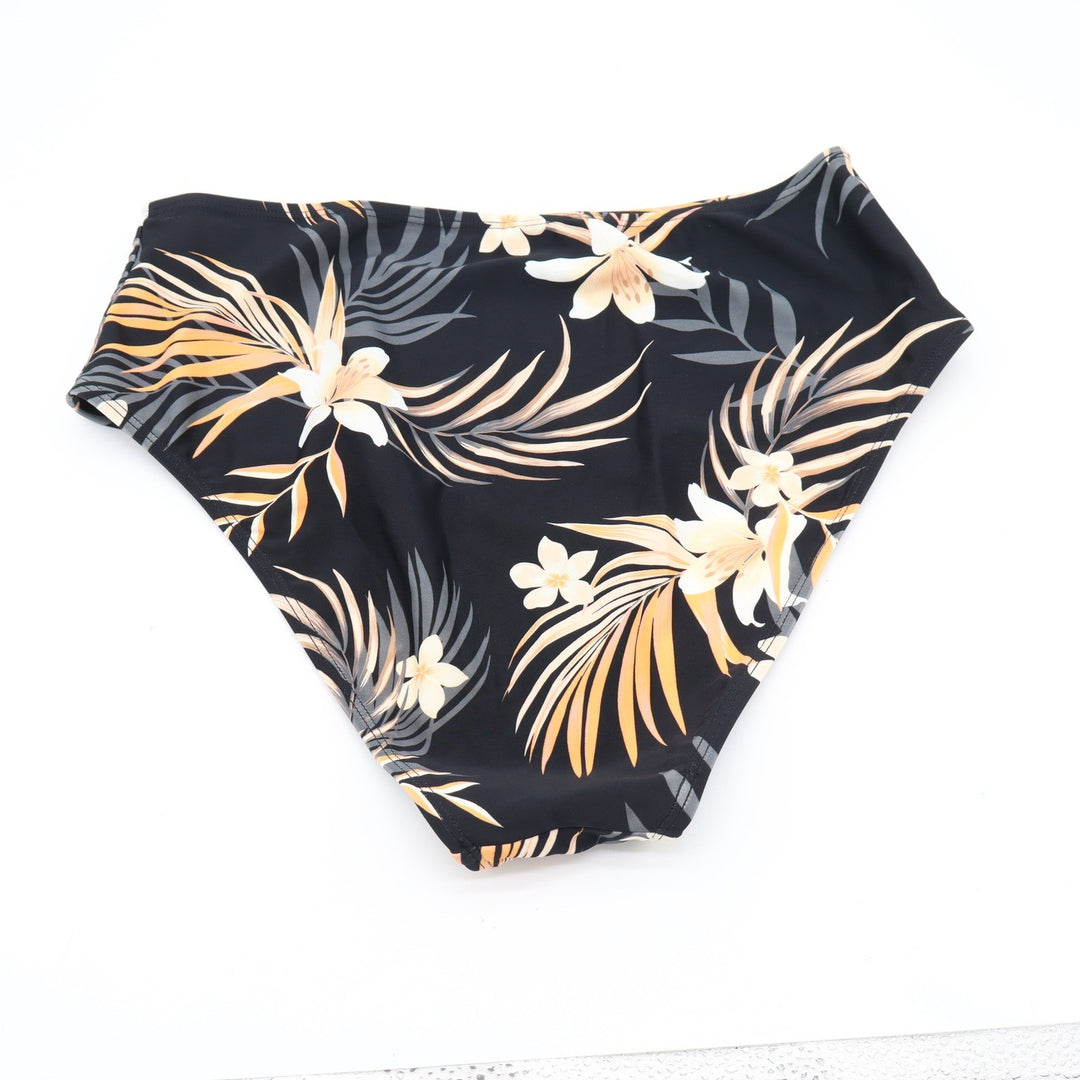 Tropical Floral High Waisted Bikini Bottoms Black Palm Leaf Print Swimwear