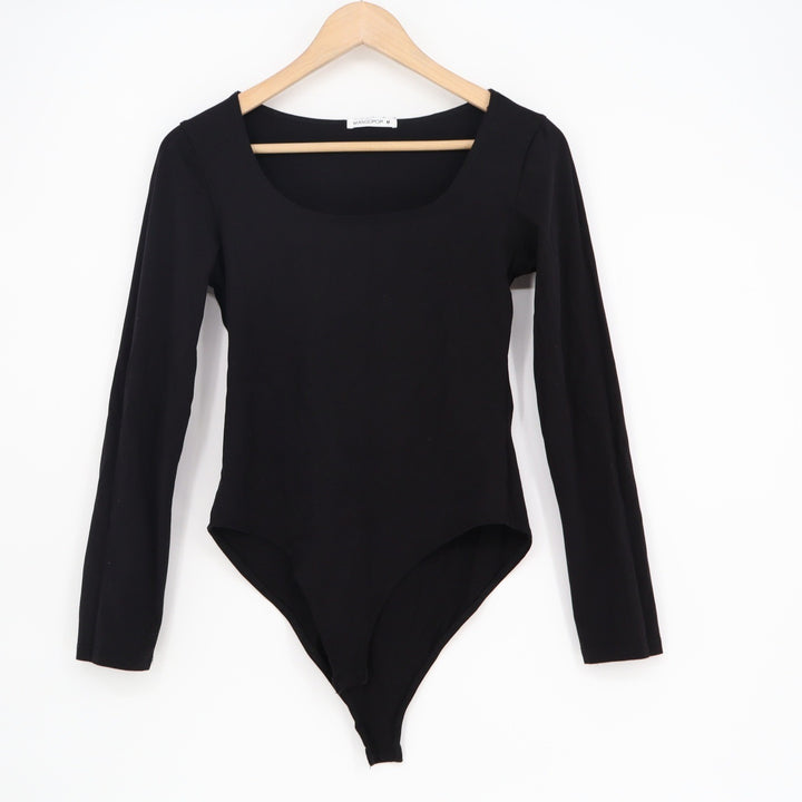 MANGOPOP Womens Black Long Sleeve Scoop Neck Snap Crotch Bodysuit Size M