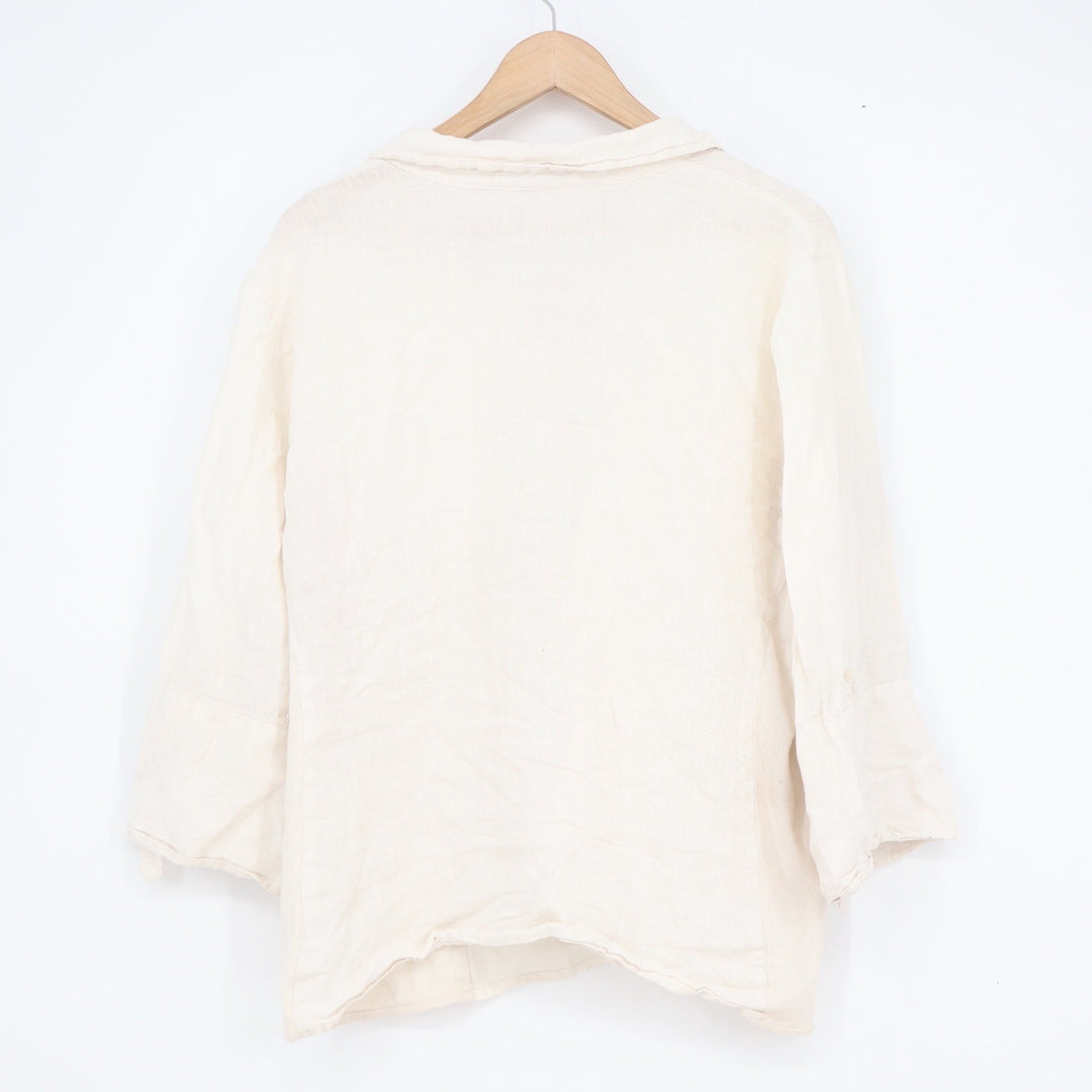 Ellen Tracy Womens XL Cream Linen Blend Roll Tab Button Down Shirt Mixed Media