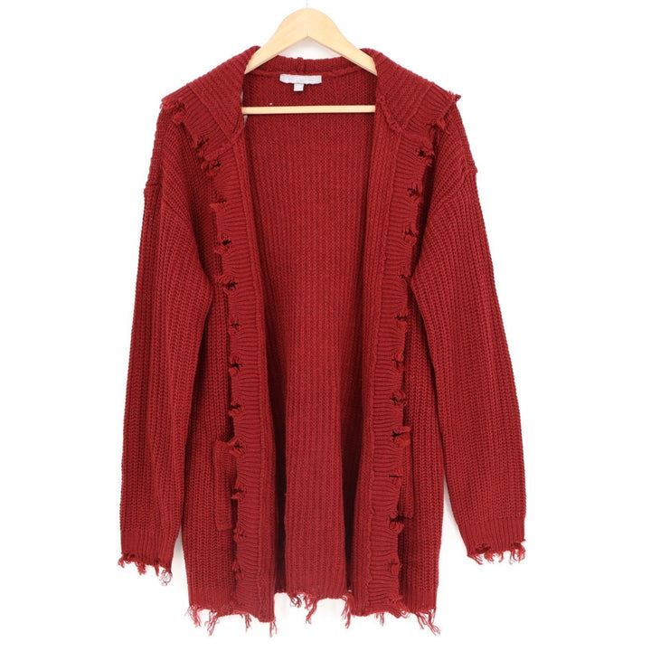 Derek Heart Cardigan Sweater Womens XL Red Acrylic Distressed Hooded Open Front