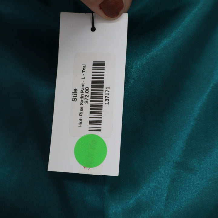 Mustard Seed High Rise Satin Pant Teal Green Straight Leg Side Slit L NEW