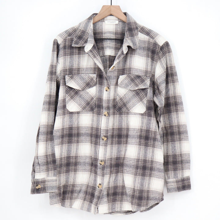 Beachlunchlounge Grey White Plaid Flannel Button Down Shirt Cotton Medium