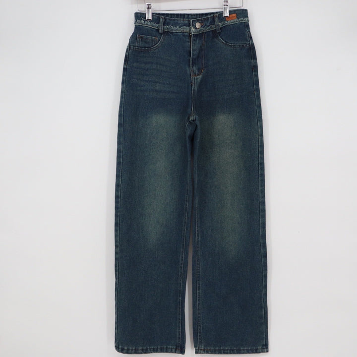 Dark Wash Wide Leg High Waisted Jeans Frayed Waistband Detail Small