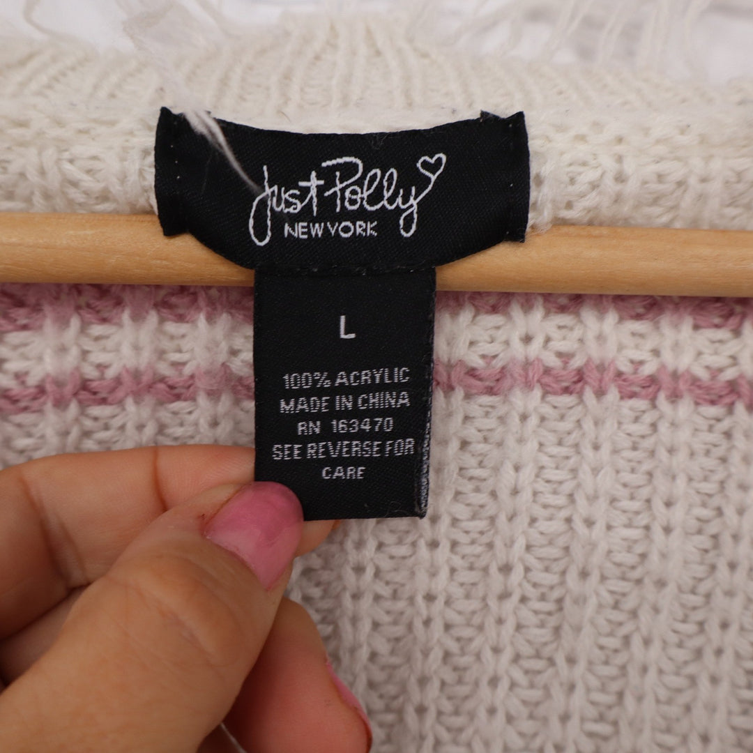 Just Polly Sweater Womens L Distressed V-Neck Cream Pink Striped Grunge Exc