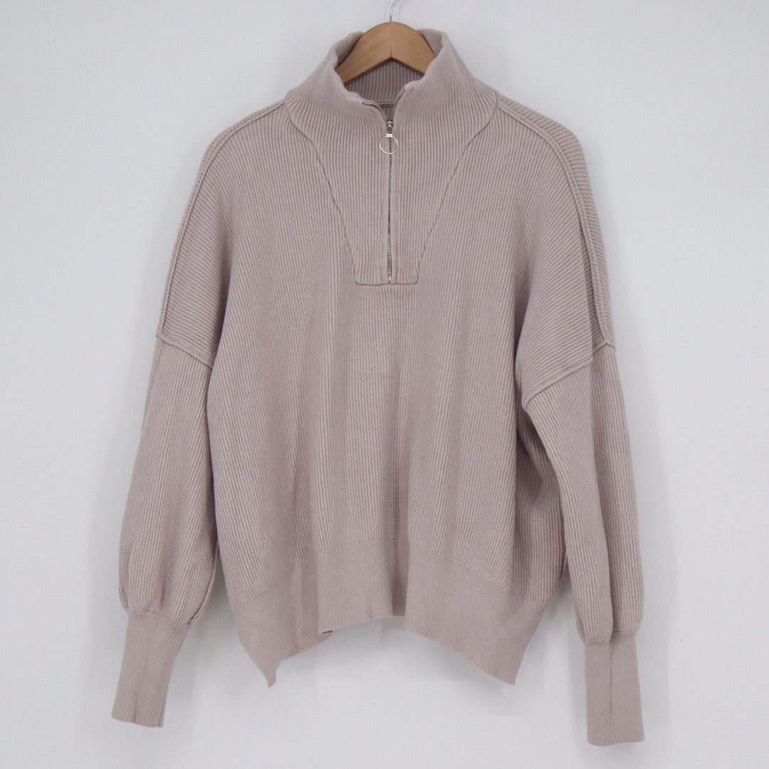 Mauve Taupe Ribbed Quarter Zip Pullover Sweater Balloon Sleeve Large