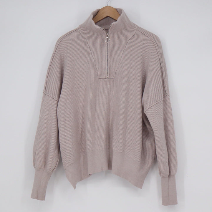Mauve Taupe Ribbed Quarter Zip Pullover Sweater Balloon Sleeve Large