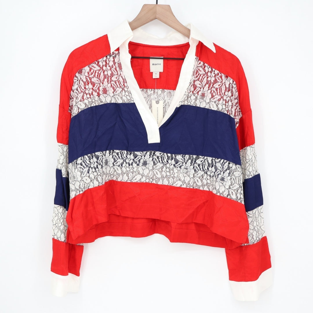 Maeve Paneled Rugby Top Womens Medium Multi Sheer Lace Long Sleeve Spread Collar