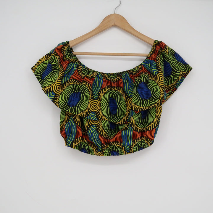 Truth NYC Womens Off Shoulder Crop Top Multicolor Geometric Ruffle Print Size M