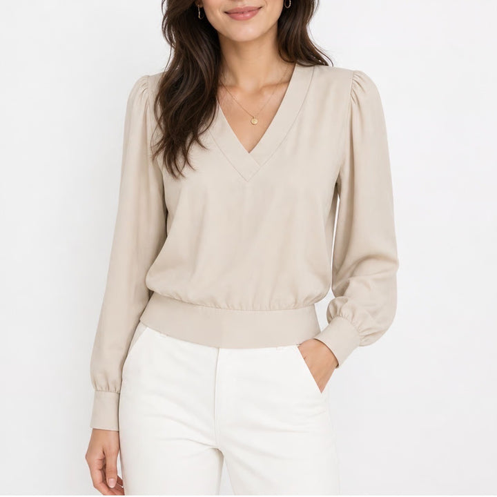 Express Womens Beige V-Neck Puff Shoulder Banded Hem Blouse Medium