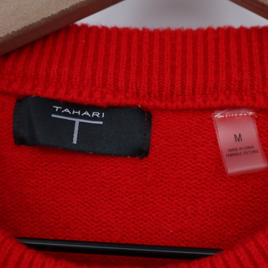 Tahari Sweater Womens Medium Red Knit Ribbed High Low Hem Crew Neck Long Sleeve
