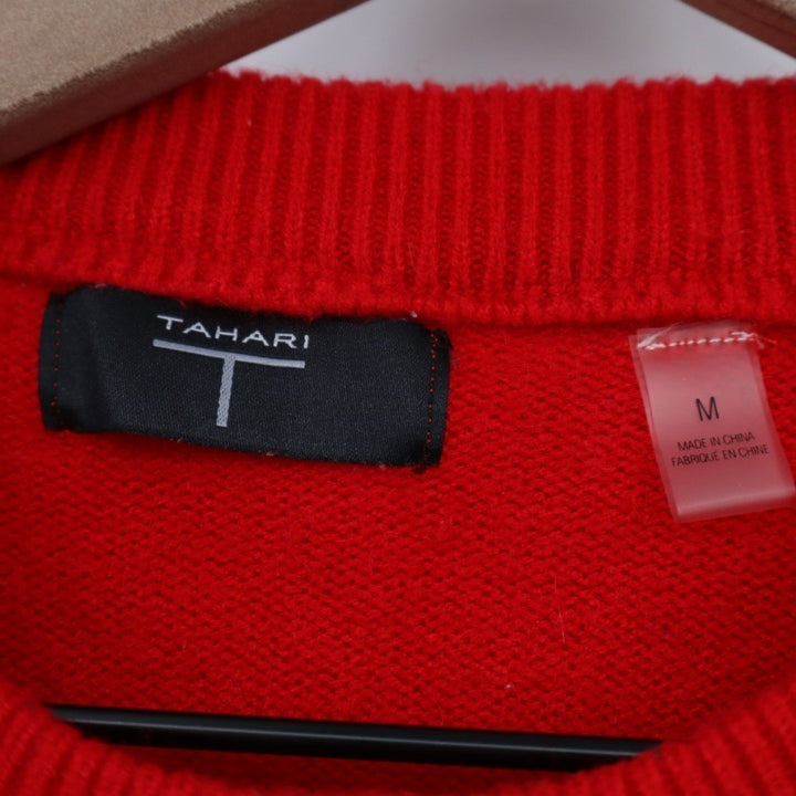 Tahari Sweater Womens Medium Red Knit Ribbed High Low Hem Crew Neck Long Sleeve