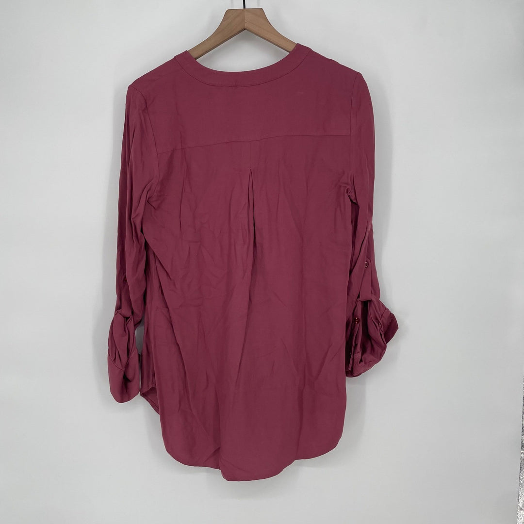 Soho New York & Company Jeans Mauve V Neck Roll Tab Sleeve Tunic Blouse Size S