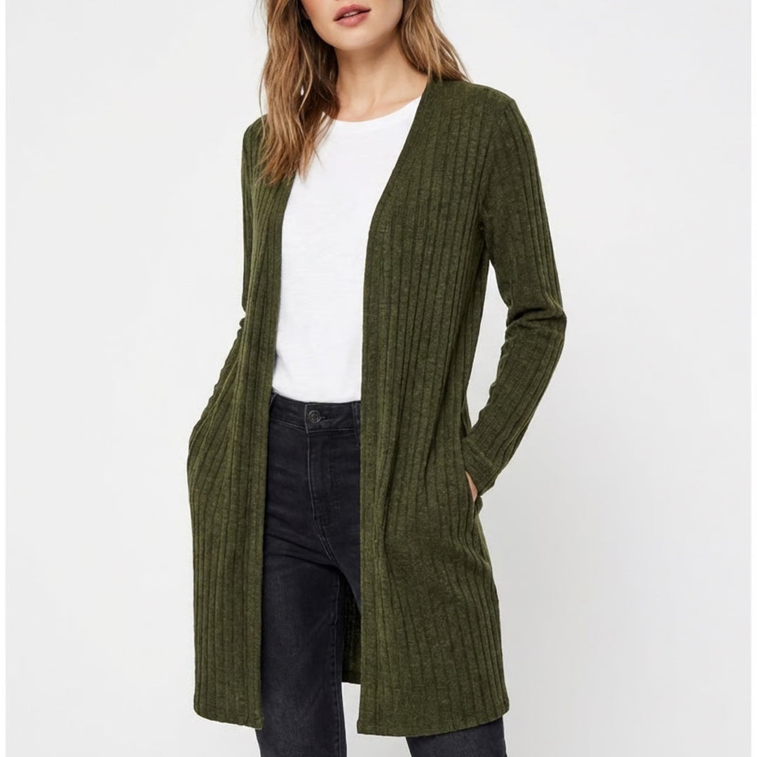 Apt. 9 Cardigan Sweater Womens Large Olive Stretch Ribbed Knitted Open Front