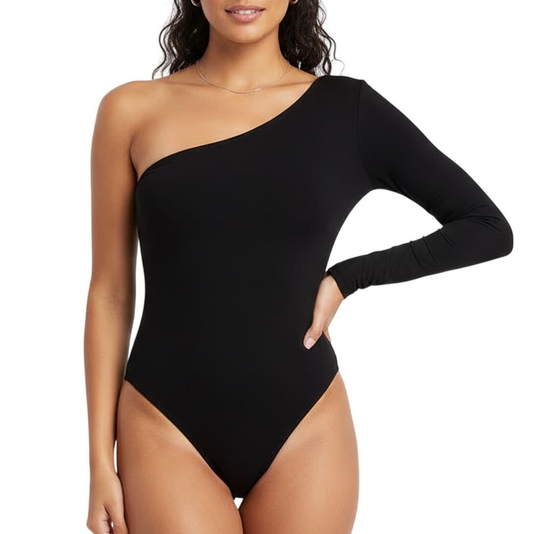 Naked Wardrobe One Shoulder Long Sleeve Bodysuit Black Size M NEW