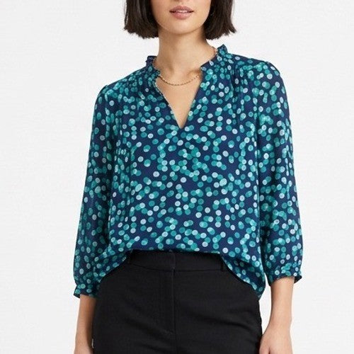 41 Hawthorn Tunic Blouse Womens S Navy Polka Dot Split Neck Tiff Ruffle Detail