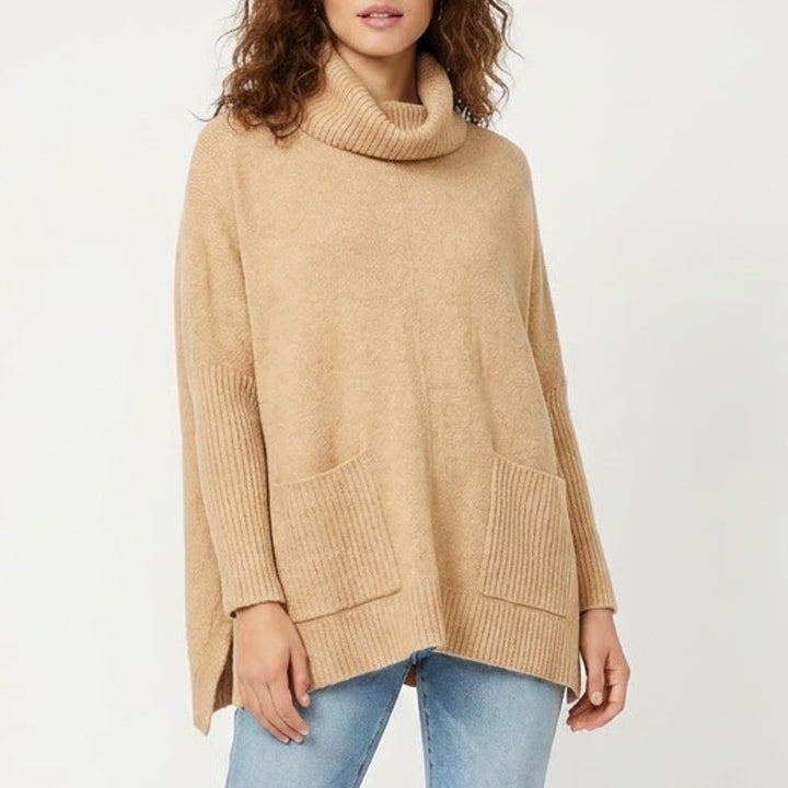 LOFT Womens Camel Tan Oversized Turtleneck Poncho Sweater with Pockets Size M