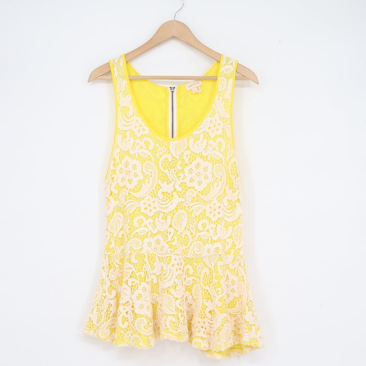 Meadow Rue Anthropologie Yellow Floral Lace Peplum Tank Top Sleeveless Large