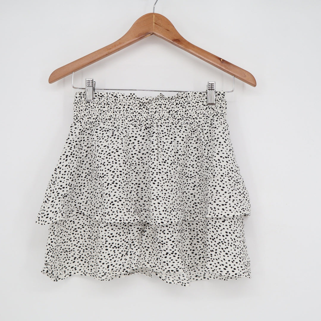 Forever 21 Dalmatian Polka Dot Tiered Ruffle Mini Skirt White Black Small BKA76