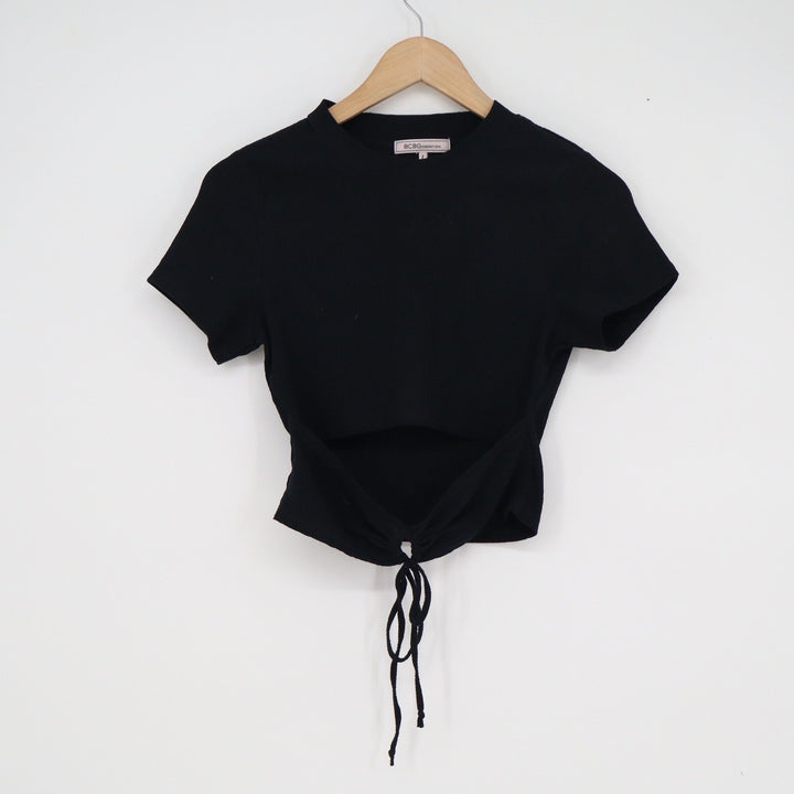 BCBGeneration Womens Black Ribbed Cutout Tie Front Short Sleeve Crop Top XS