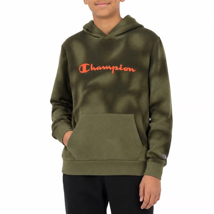Champion Boys Olive Green Cloud Wash Hoodie Orange Logo Size L