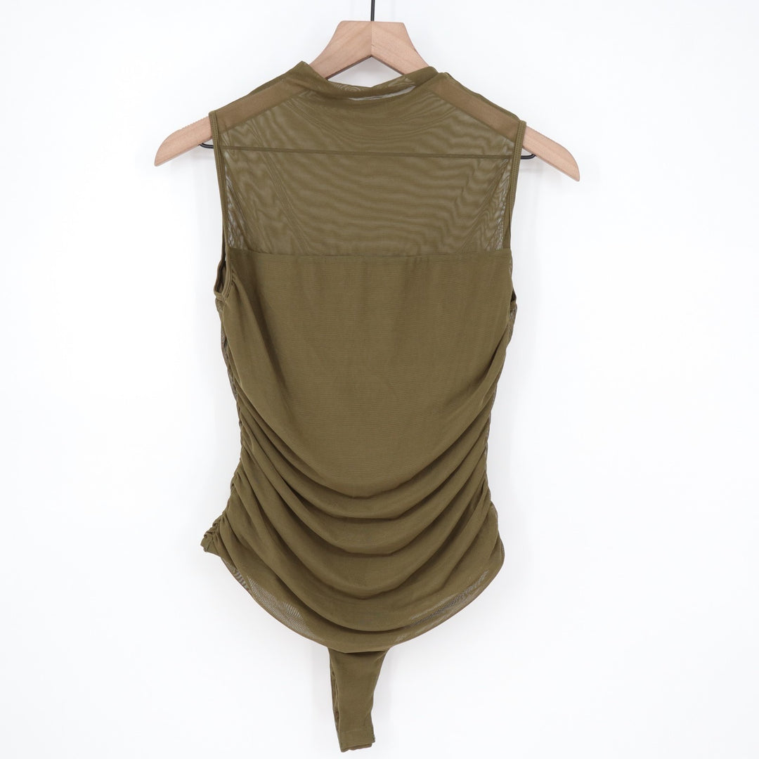 Avidlove One Piece Bodysuit Womens L Olive Green Stretch Sheer Ruched Mock Neck