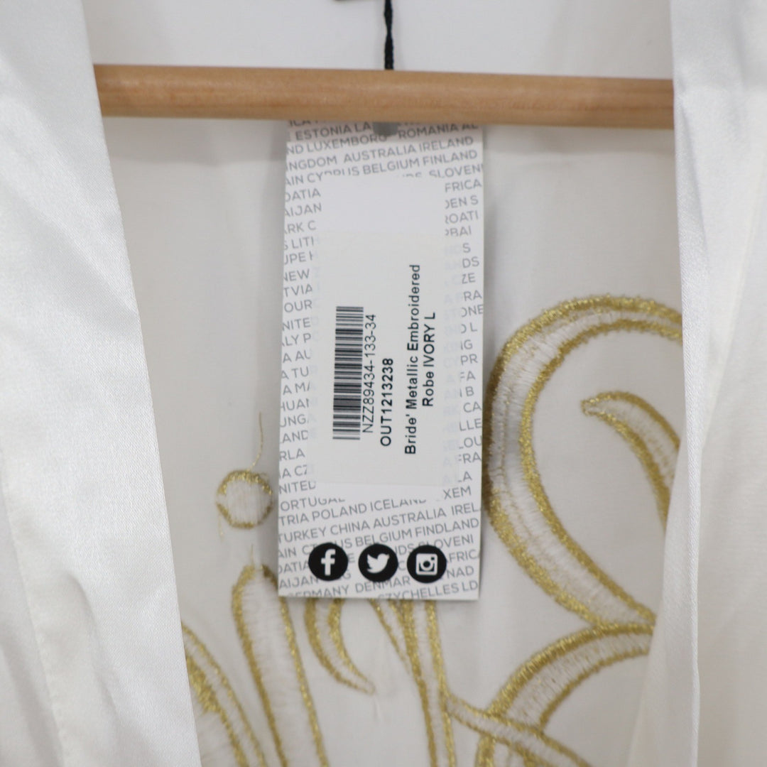 Boohoo Robe Women L Metallic Embroidered Bride Ivory Satin Short New