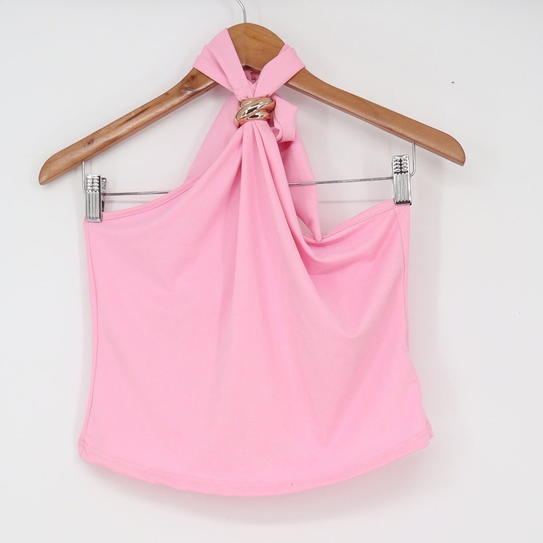 Halter Top Womens L Draped Gold Hardware Pink Sleeveless Good
