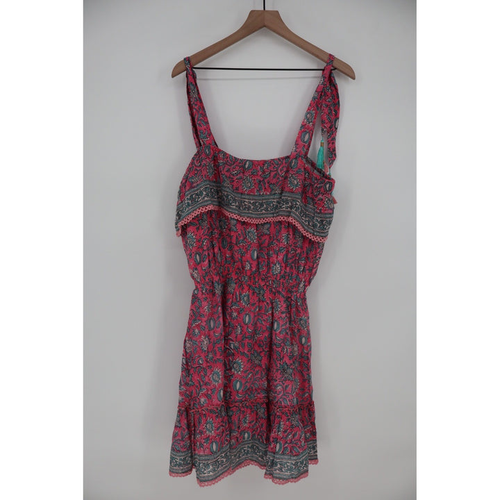 ALICIA BELL Floral Print Tassel Tie Shoulder Dress XL Red Blue Silk Cotton