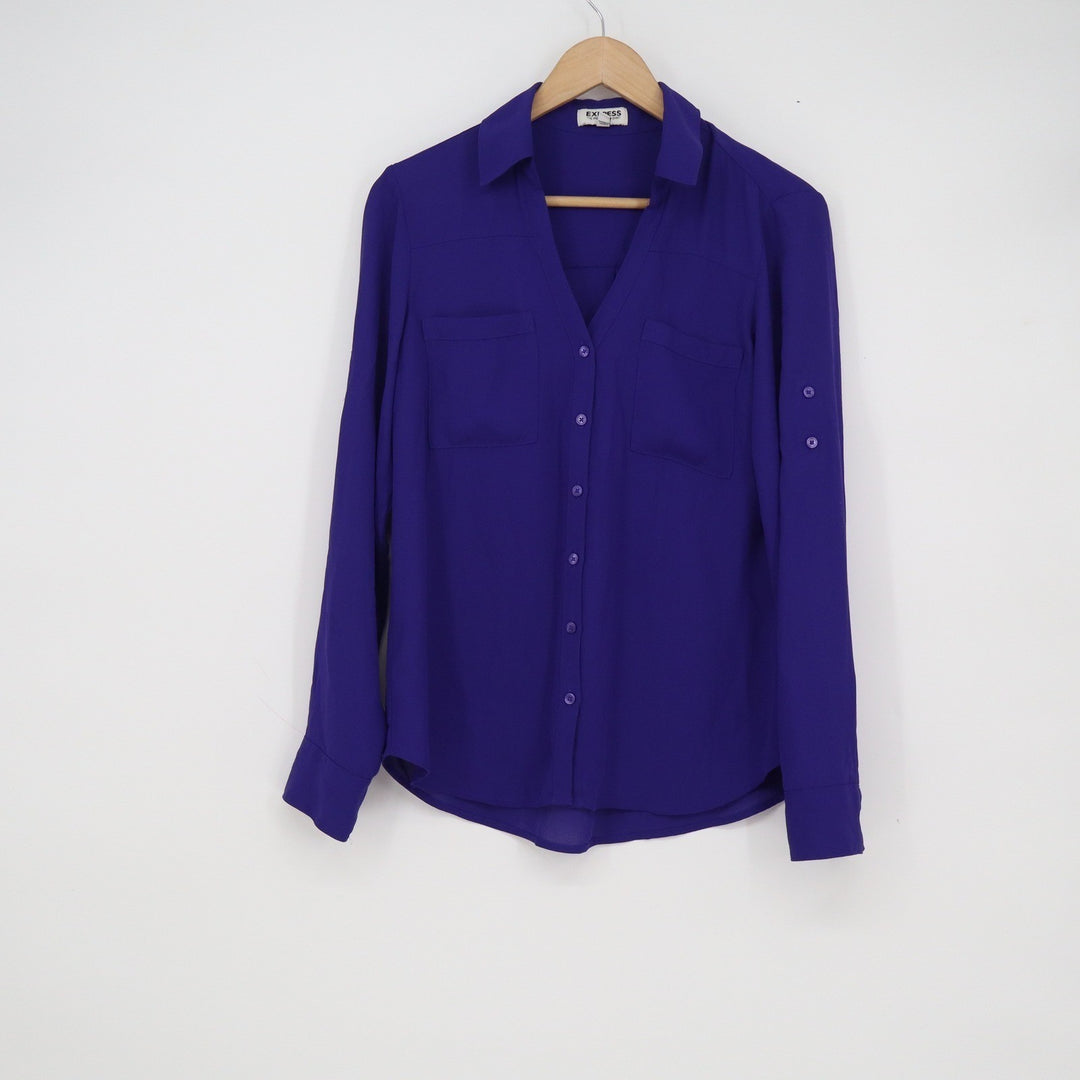 Express The Portofino Shirt Womens Small Purple Roll Tab Sleeve Button Up Blouse
