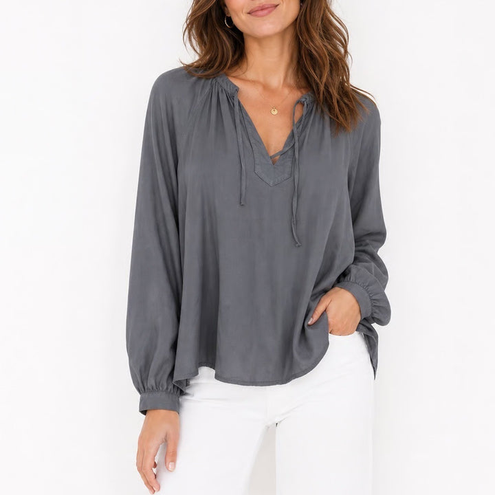Bella Dahl Gray Split V-Neck Tie Long Sleeve Blouse Top Large