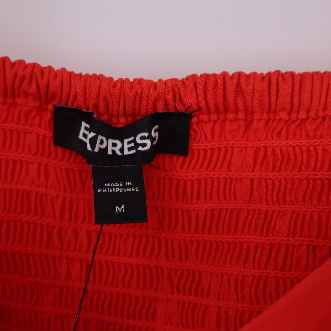 Express Womens Orange Red Puff Sleeve Smocked Back Tie Cuff Crop Top M NEW