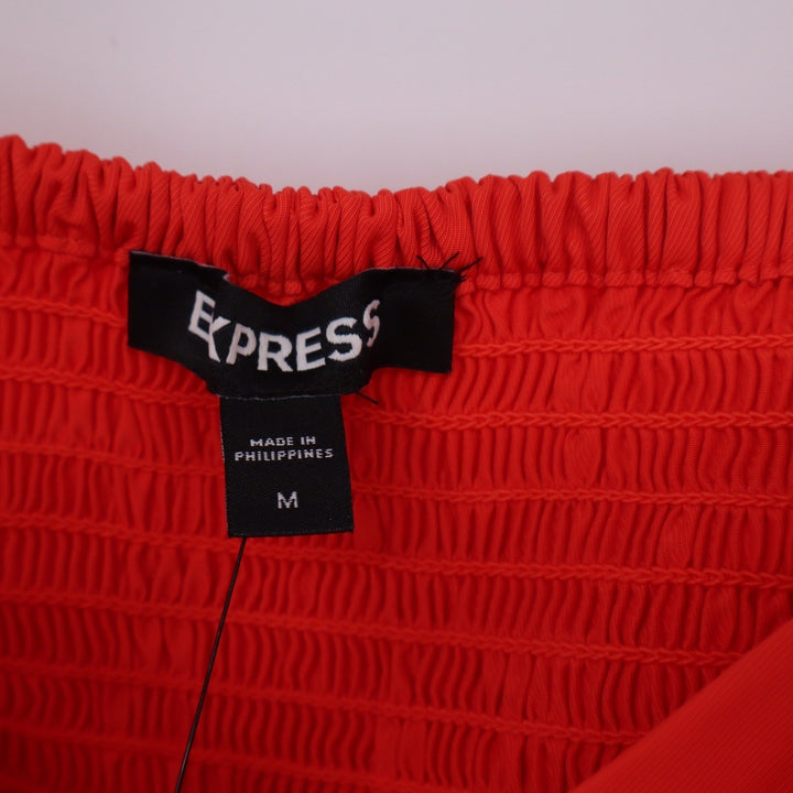 Express Womens Orange Red Puff Sleeve Smocked Back Tie Cuff Crop Top M NEW