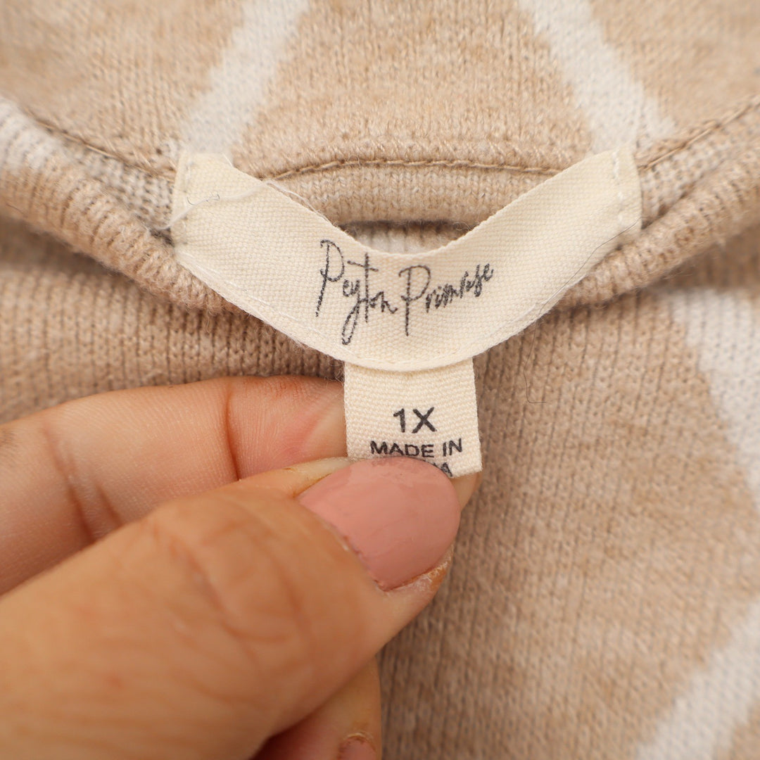 Peyton Primrose Tan White Diamond Knit Pullover Sweater Womens 1X XL