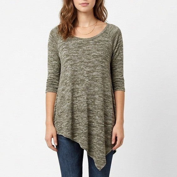 Luxe Sweater Dress Womens Heather Grey Scoop Neck Asymmetrical Hem Raglan Sleeve