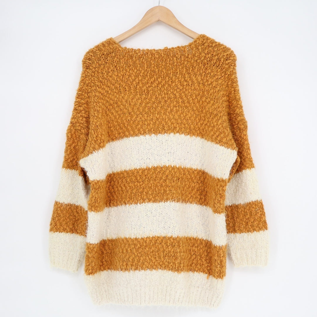 Altar'd State Sweater Womens M/L Mustard White Striped Eyelash Knit Pullover