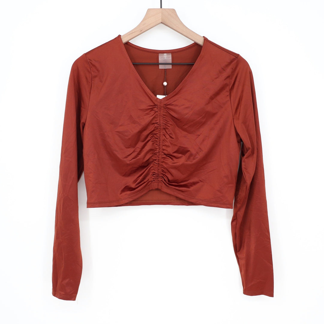 Calia Womens LS Ruched Rashguard Red Brown Shine Crop Swim Top L