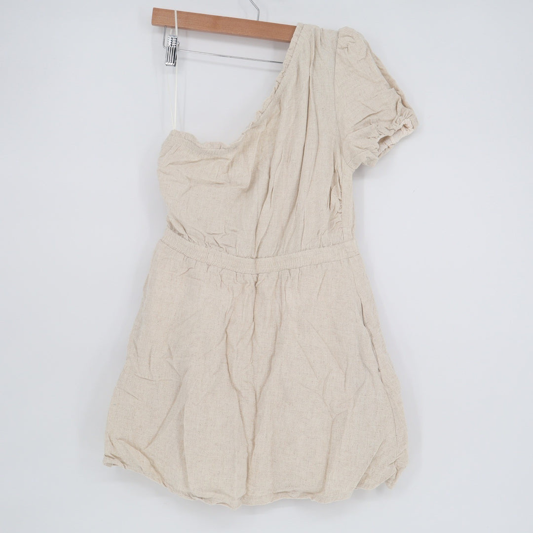 Promesa Womens One Shoulder Linen Blend Mini Dress Oatmeal Beige Size L