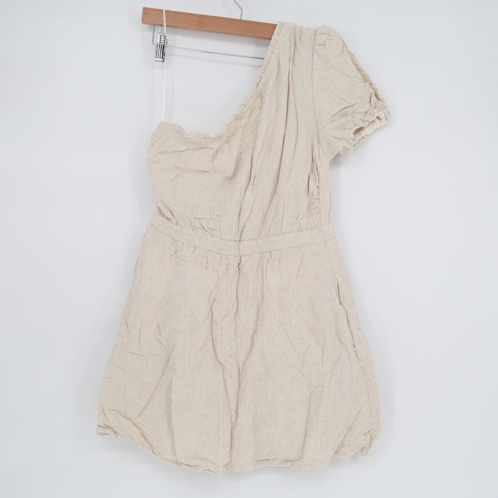 Promesa Womens One Shoulder Linen Blend Mini Dress Oatmeal Beige Size L