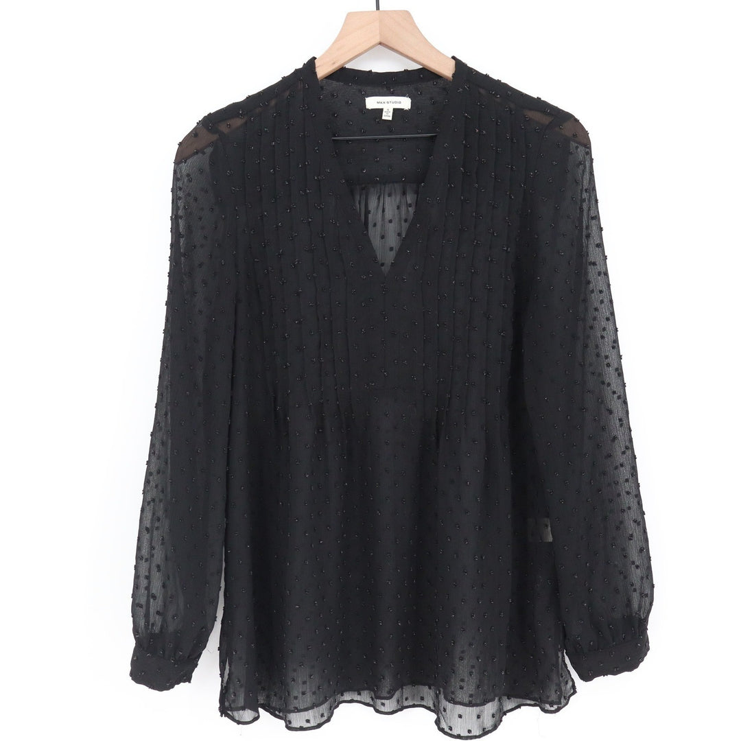 Max Studio Black Clip Dot Pintuck V-Neck Blouse Long Sleeve Sheer Top Small