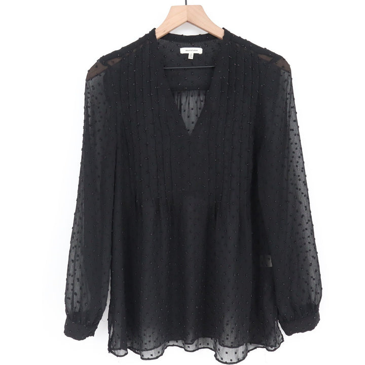 Max Studio Black Clip Dot Pintuck V-Neck Blouse Long Sleeve Sheer Top Small