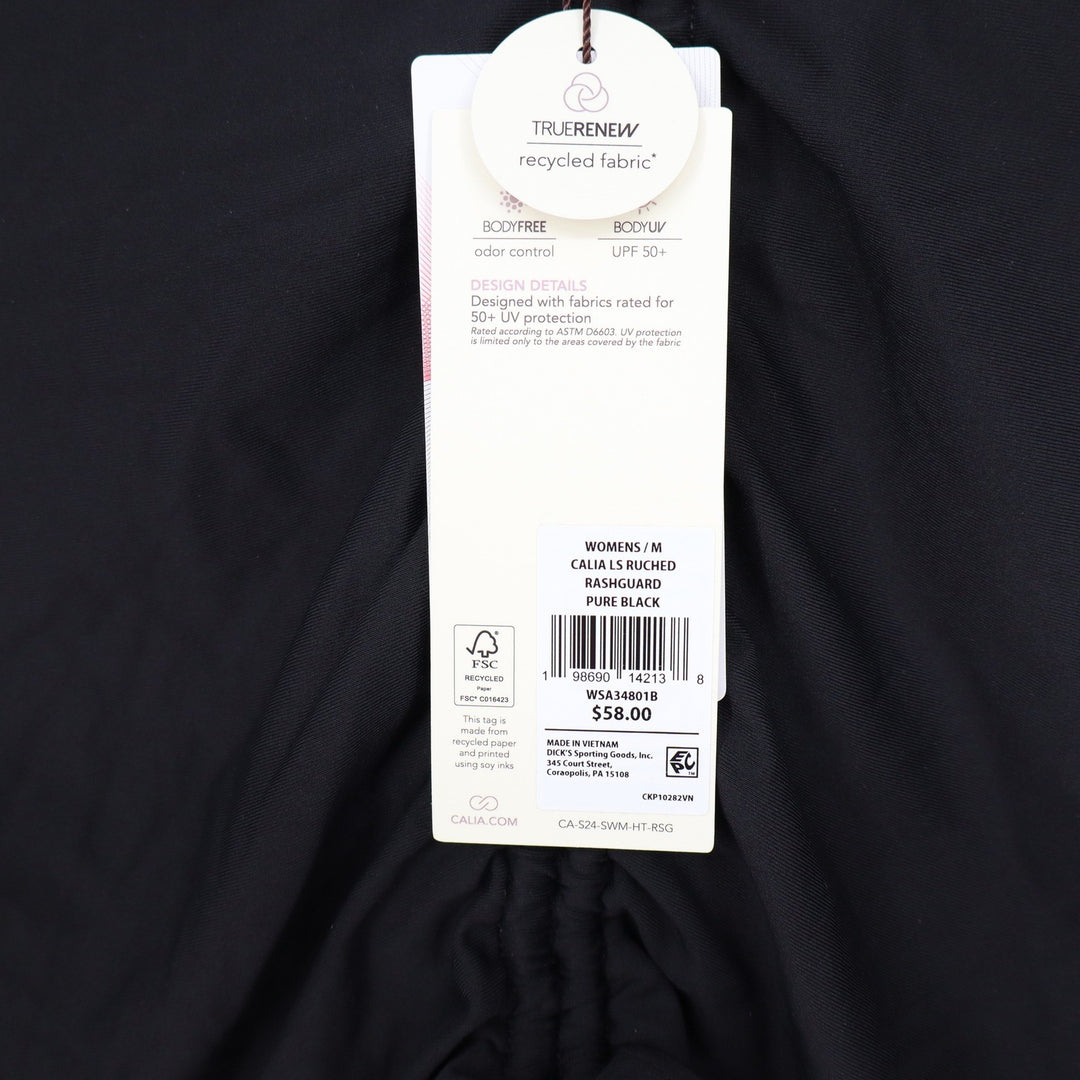 CALIA Womens LS Ruched Rashguard Pure Black Cropped Swim Top Size M