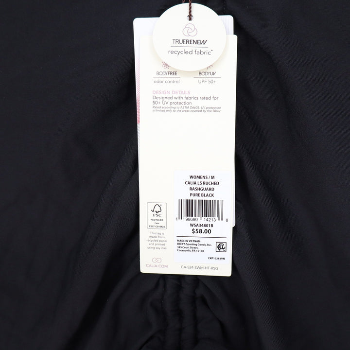 CALIA Womens LS Ruched Rashguard Pure Black Cropped Swim Top Size M